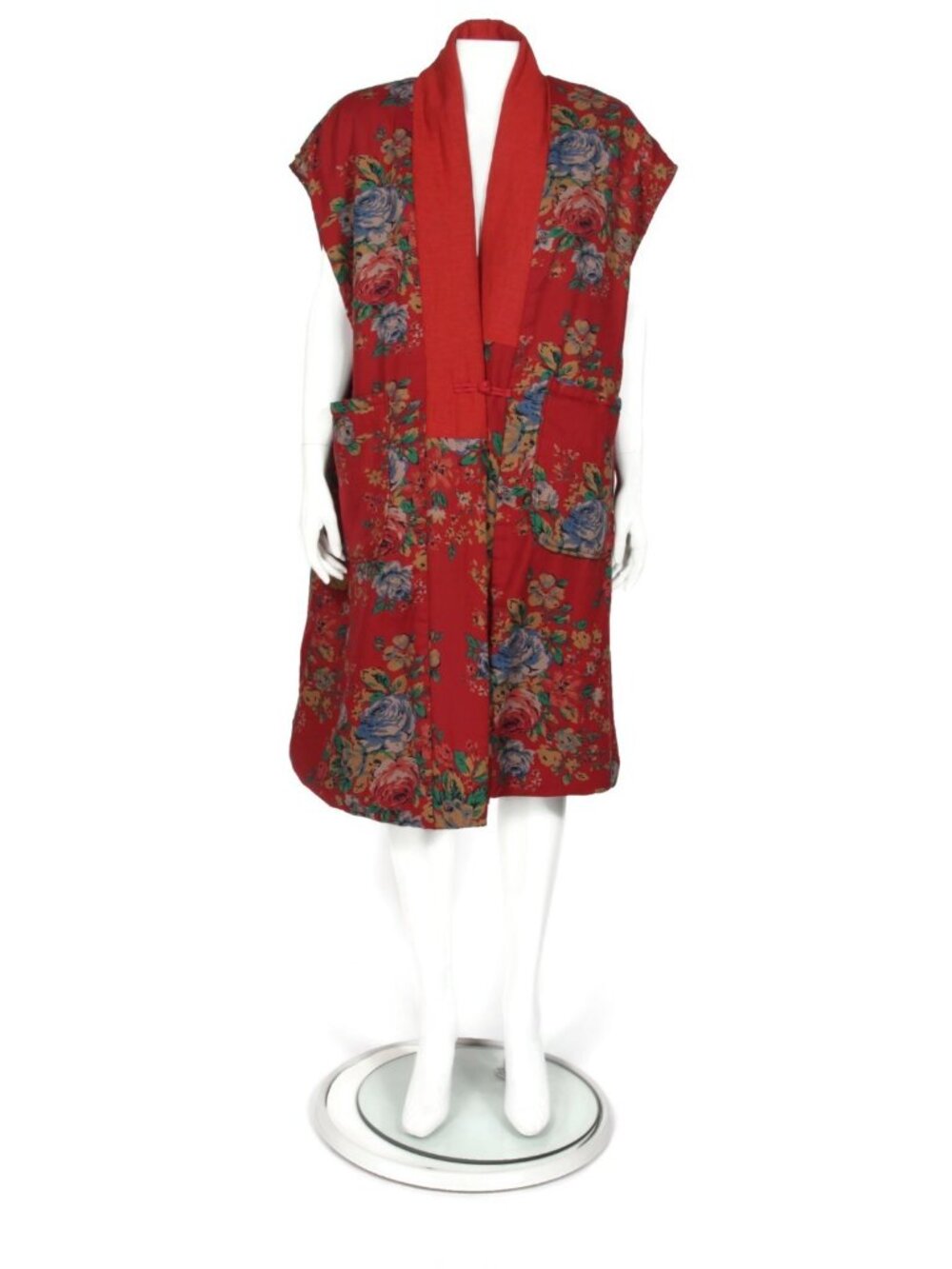 NFYM Red Patchwork Floral Cottage Frog Toggle Sleeveless Long Coat Jacket /949